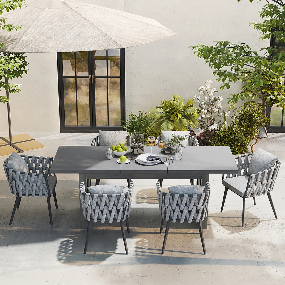 11 Pieces Gray Aluminum Outdoor Patio Dining Set with Extendable Table and Woven Armchai — image 17
