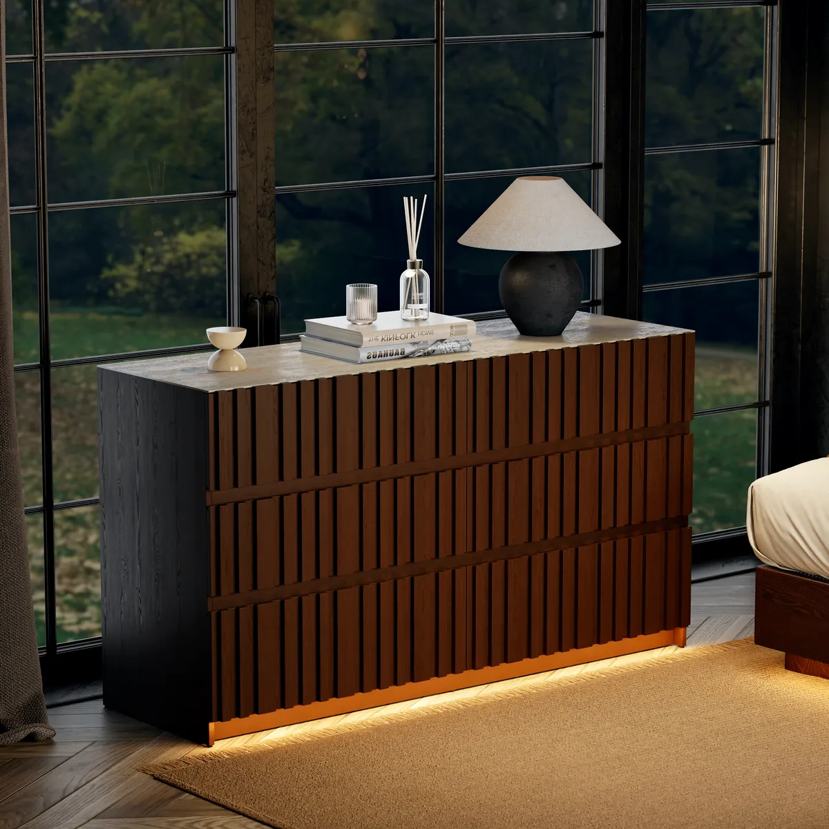 Aura 59" Walnut Sintered Stone 6-Drawer Dresser with Lighting — image 12