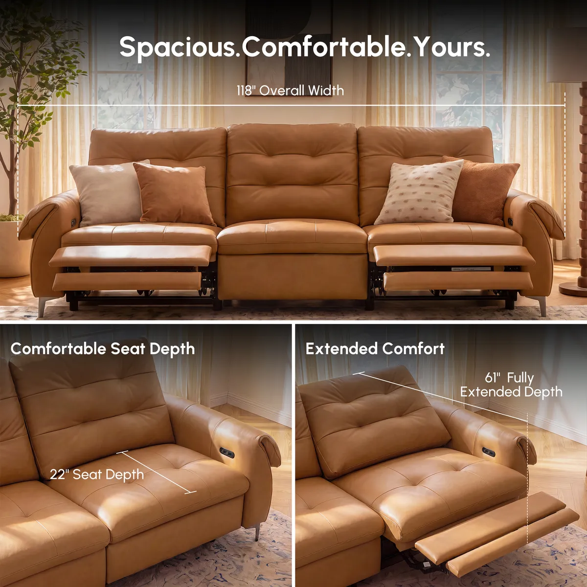 118" 3-Seater Genuine Leather Power Reclining Sofa with USB & Type-C — image 9