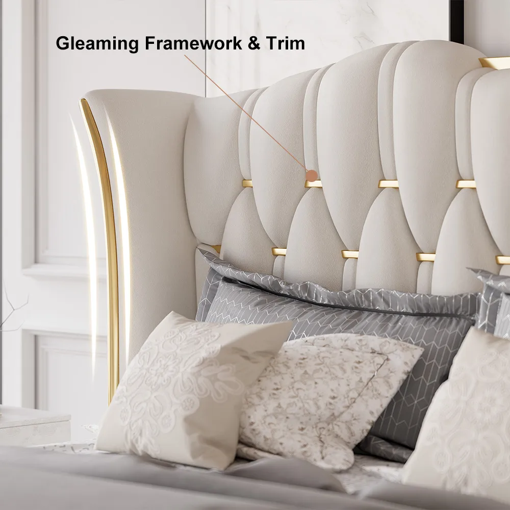 King Size Upholstered Leather Bed Frame with Tufted Wingback Headboard — image 7