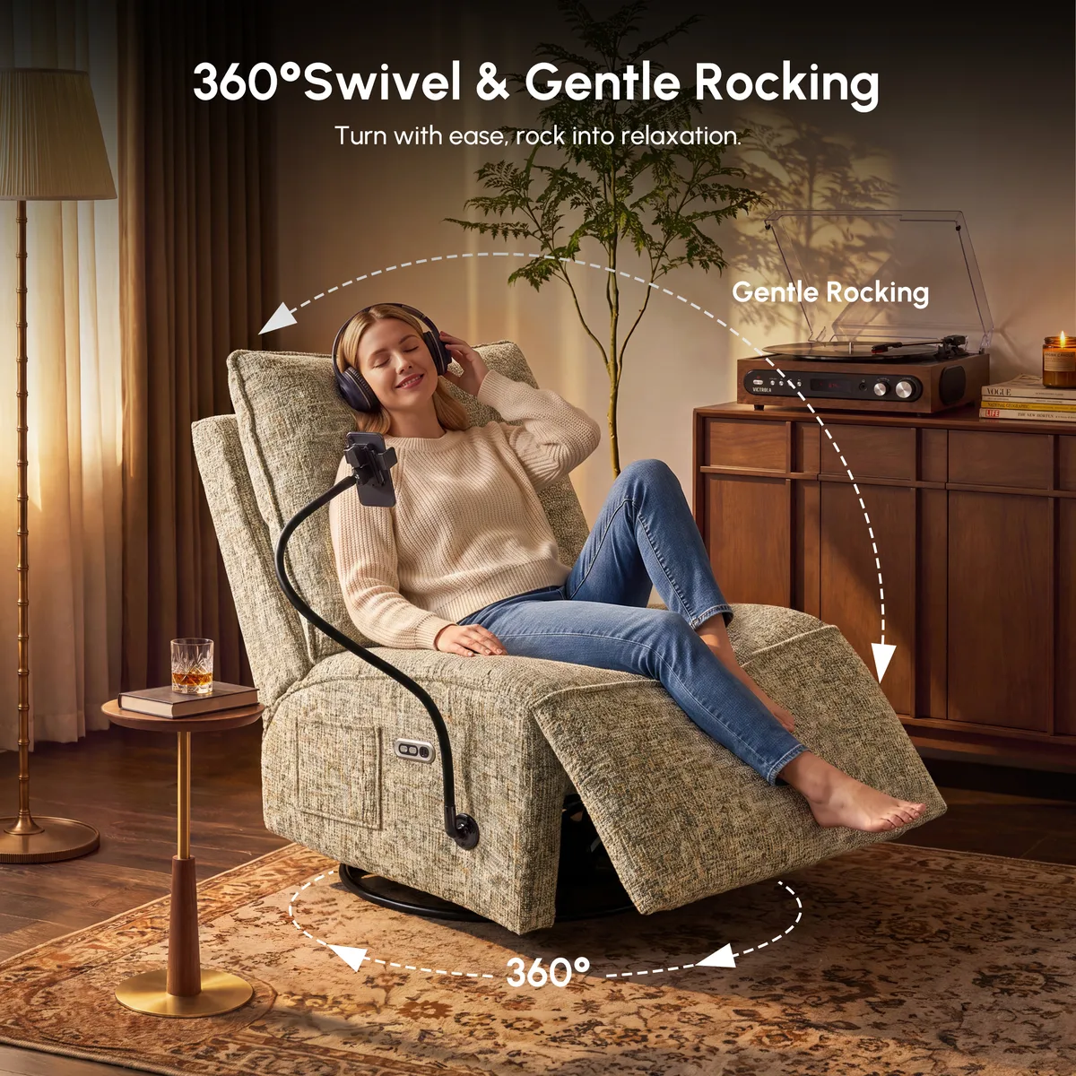 Performance Linen Power Swivel Rocker Recliner Accent Chair with Phone Holder — image 19