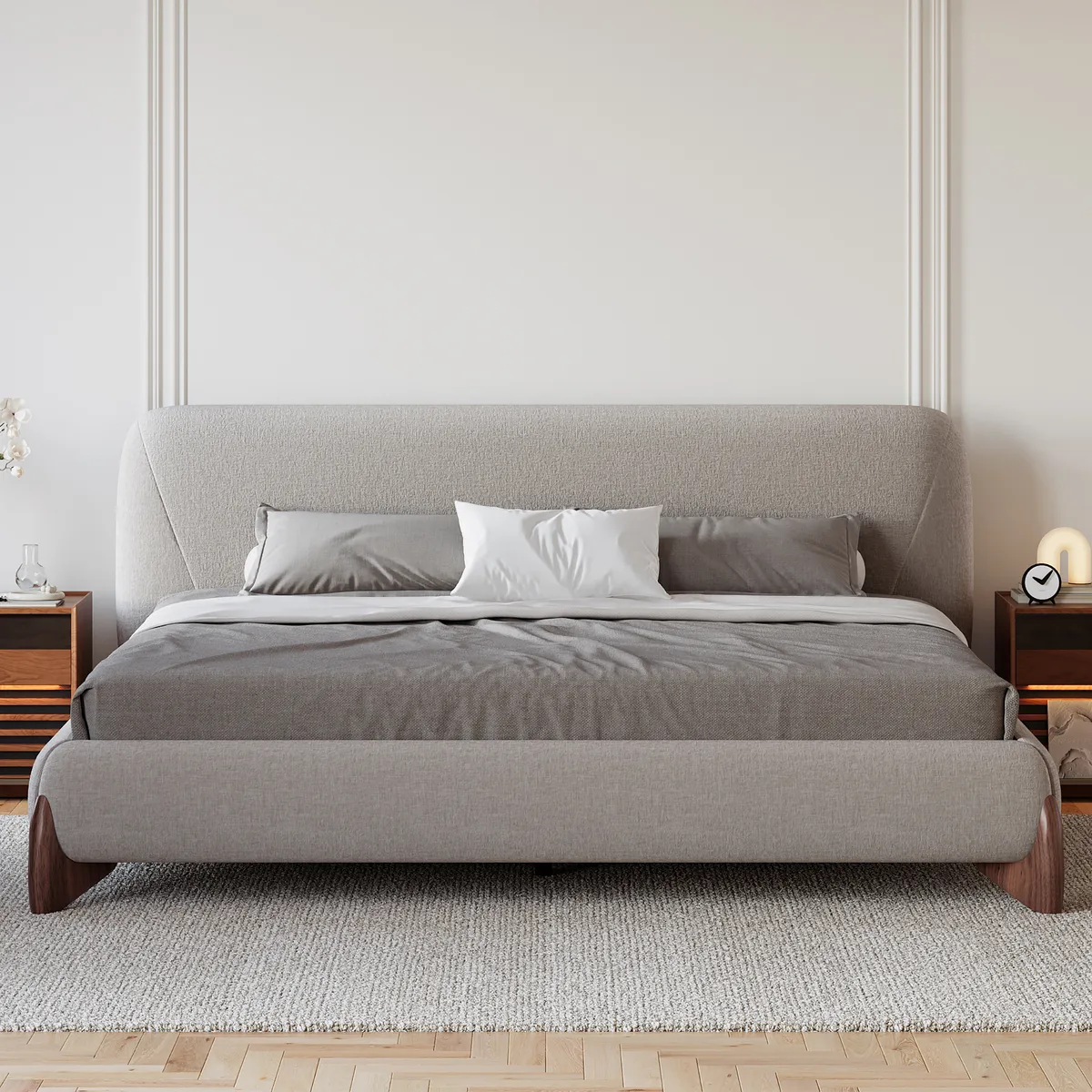 Modern White Boucle Platform Bed Queen Size Bed Frame with Upholstered Headboard — image 2
