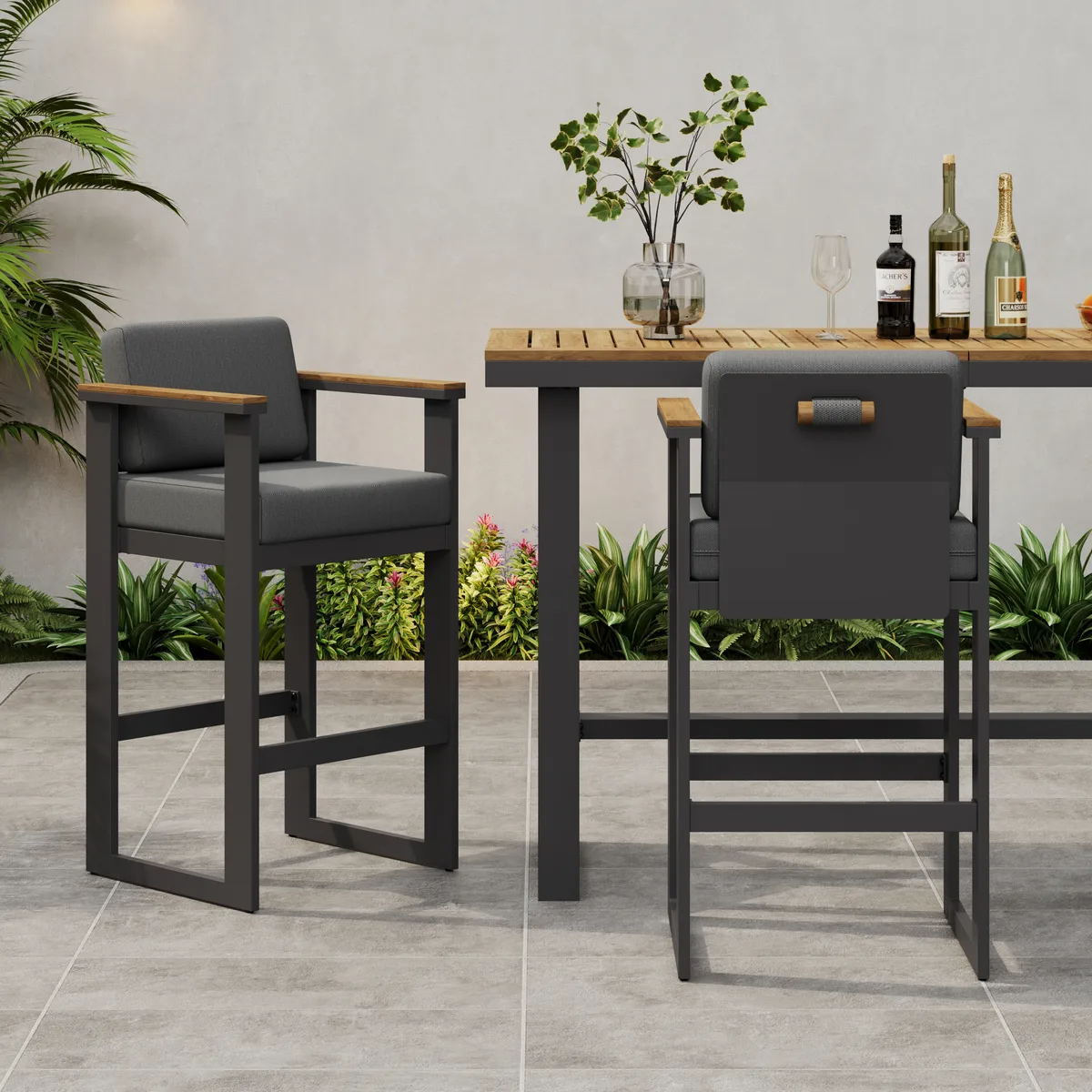 Tevara Outdoor Aluminum Frame & Teak Wood Armrest Bar Stools — image 4
