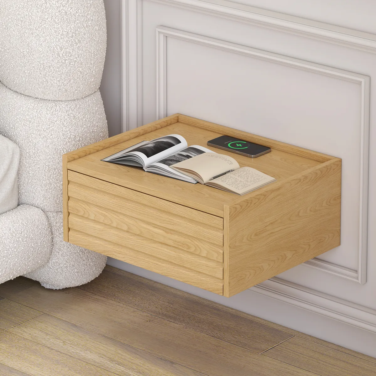 Wooden Floating Nightstand Modern Bedside Table with Charging Station — image 2