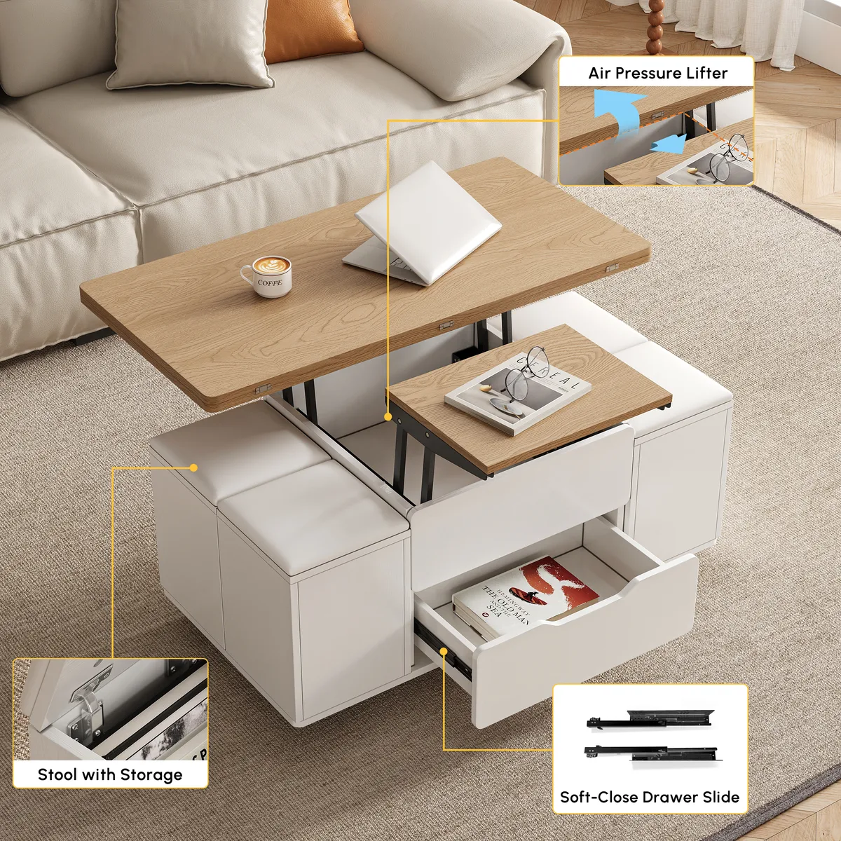 Modern Walnut Lift Top Coffee Table 4 in 1 with Storage Ottoman Foldable and Casters — image 29