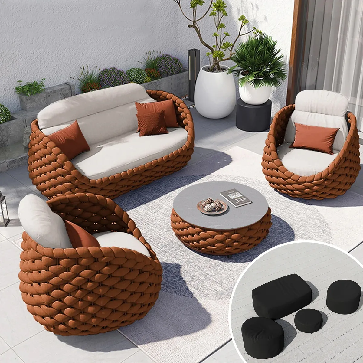 Cocaro 8-Piece Outdoor Rope Weave Sofa Set with Black Cover