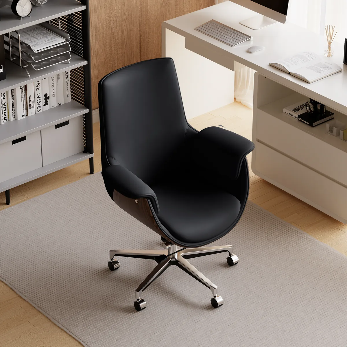 Black Leather Modern Home Office Chair Upholstered High Back Desk Chair Wood Grain Frame — image 3