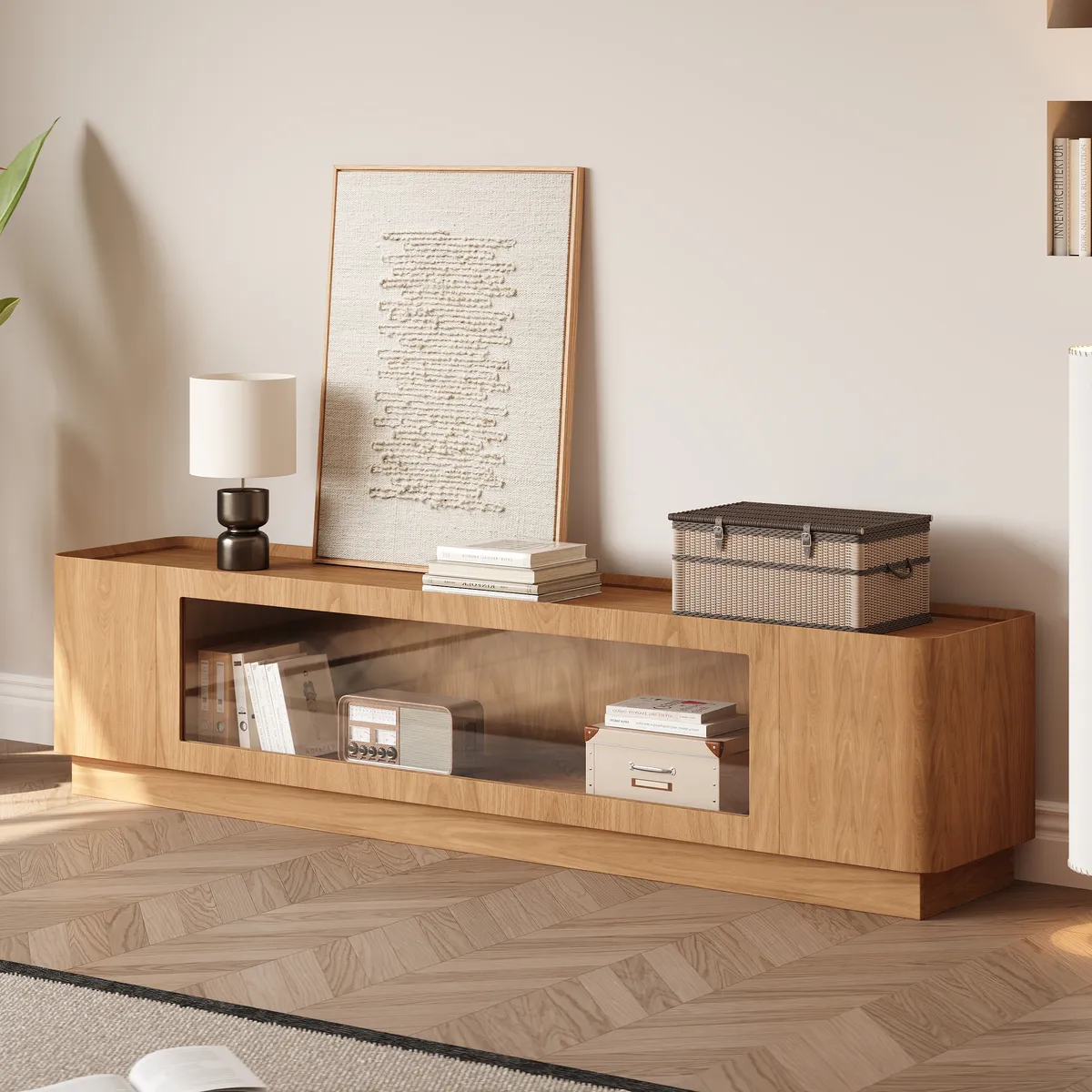 79'' Glass Door TV Stand Mid Century Modern Wood Media Console with Storage & LED — image 13