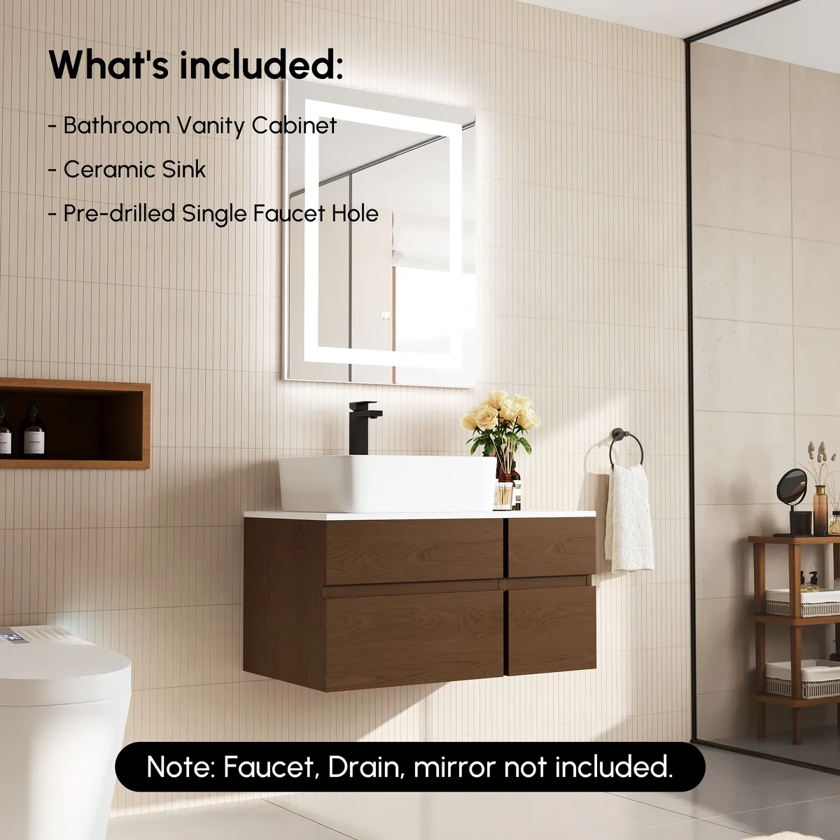 31.5" Walnut Floating Bathroom Vanity Left Offset Ceramic Vessel Sink — image 29