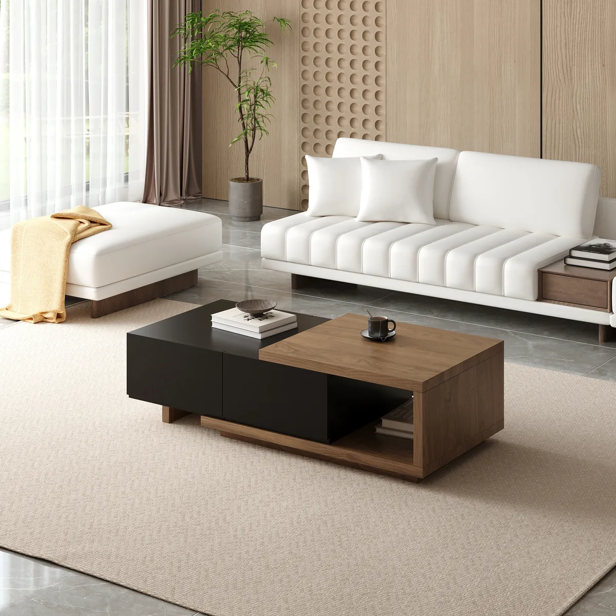 Quoint 68.9" Modern White Coffee Table Retracted & Extendable with 2-Drawer — image 6