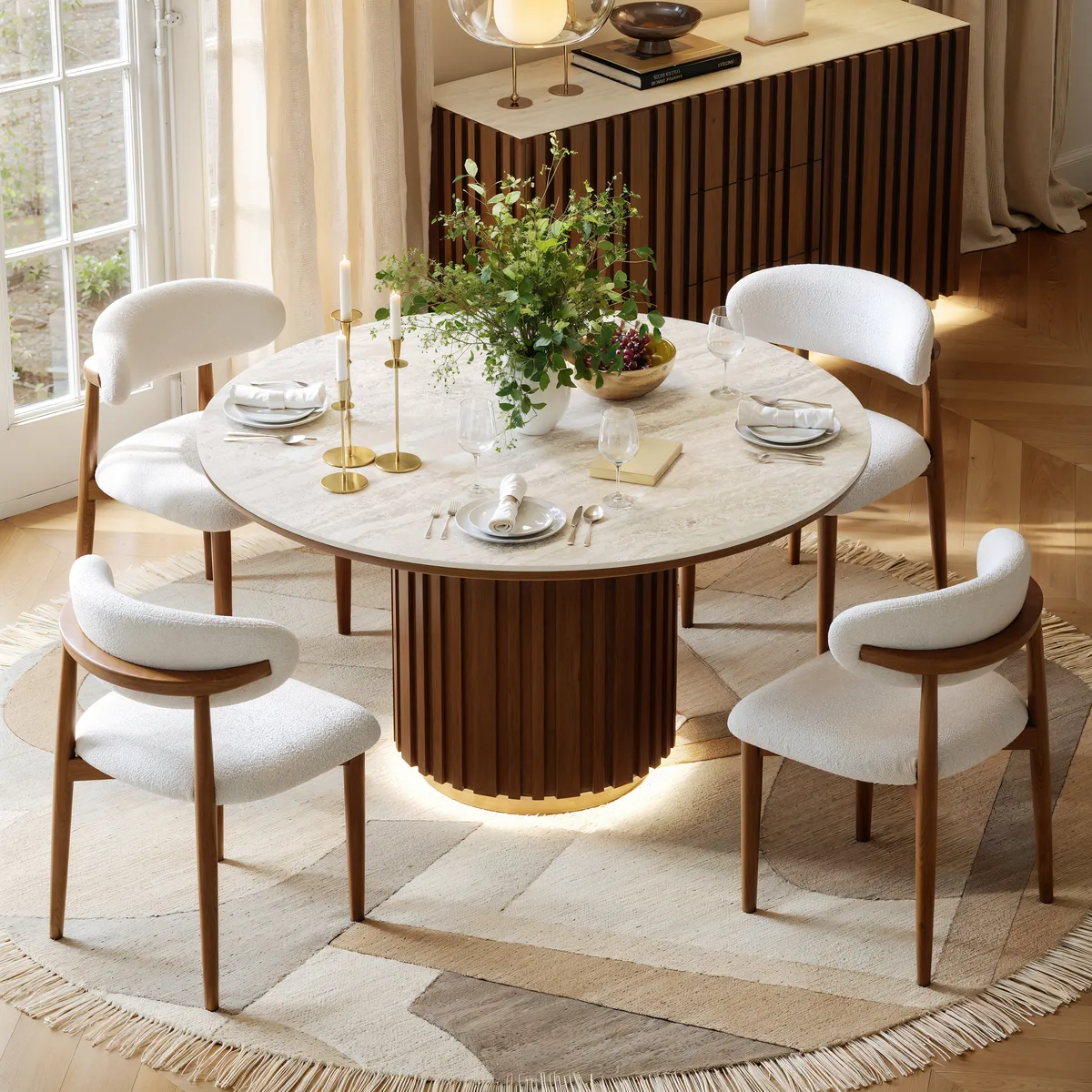 Aura 60" Faux Travertine Top Buffet Sideboard with Ash Wood Slatted Panels & Light — image 13