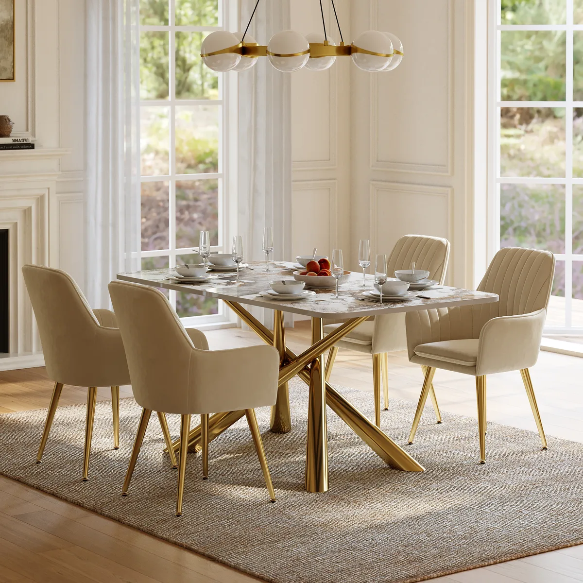 Dining Set 63" Rectangle Glossy Pandora Sintered Stone Dining Table with 4 Chairs — image 2
