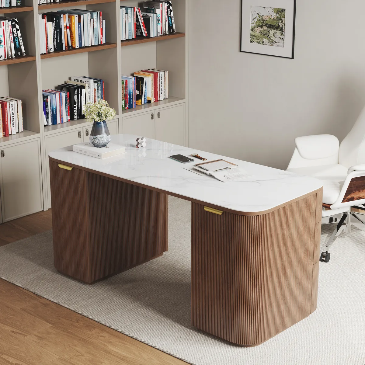 Walnut Ash Wood & Sintered Stone Rectangle Desk with 6 Drawers (63.8") — image 12