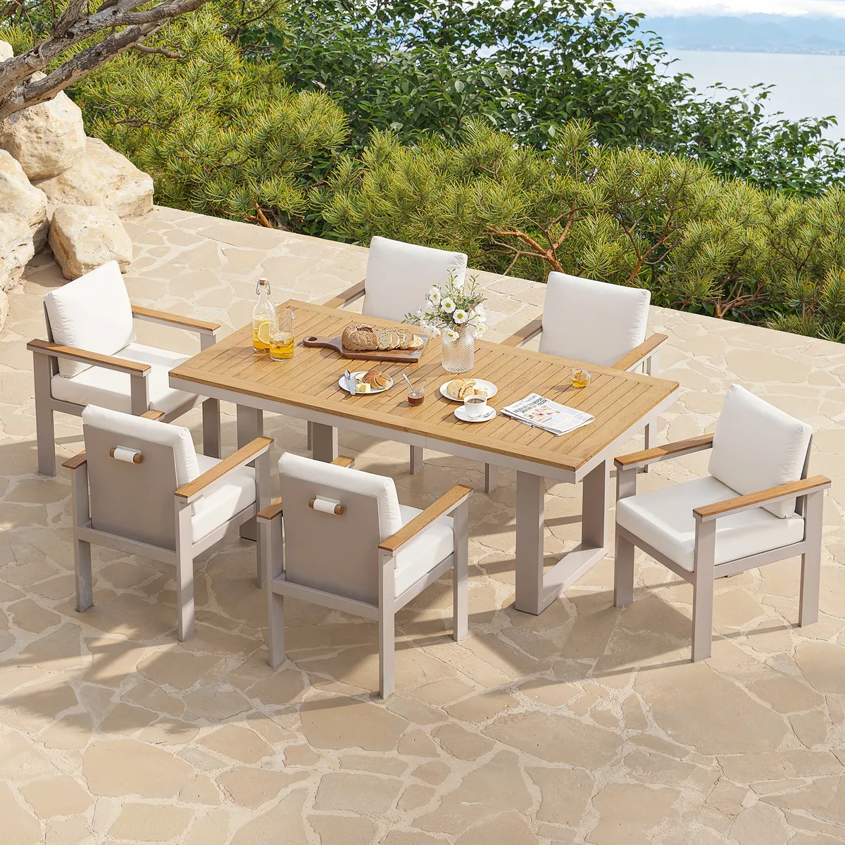 Tevara 6-Person Rectangle Teak & Aluminum Outdoor Patio Dining Table — image 13