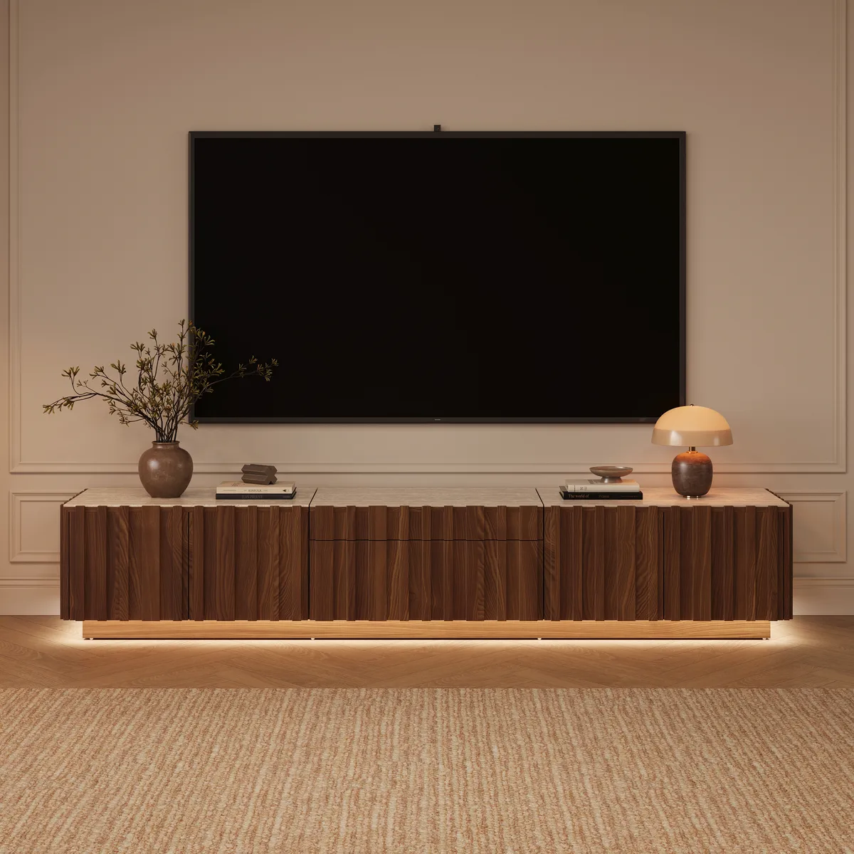 Aura 80" Ash Wood Fluted Walnut Projector TV Stand with Sintered Stone Top — image 4