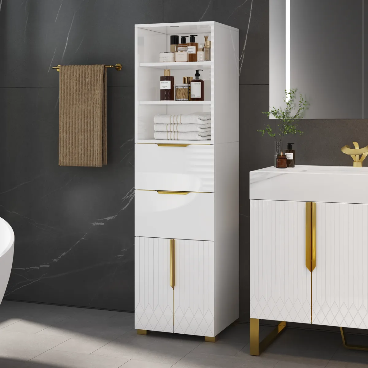 Aro 59" Freestanding Bathroom Storage Cabinet with Shelves, Drawers & Doors — image 12