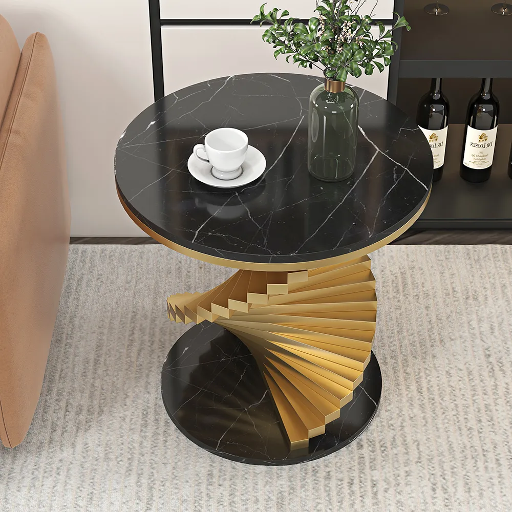 Round Marble Tabletop End Table with Metal Frame Modern Black & Gold Side Table — image 12