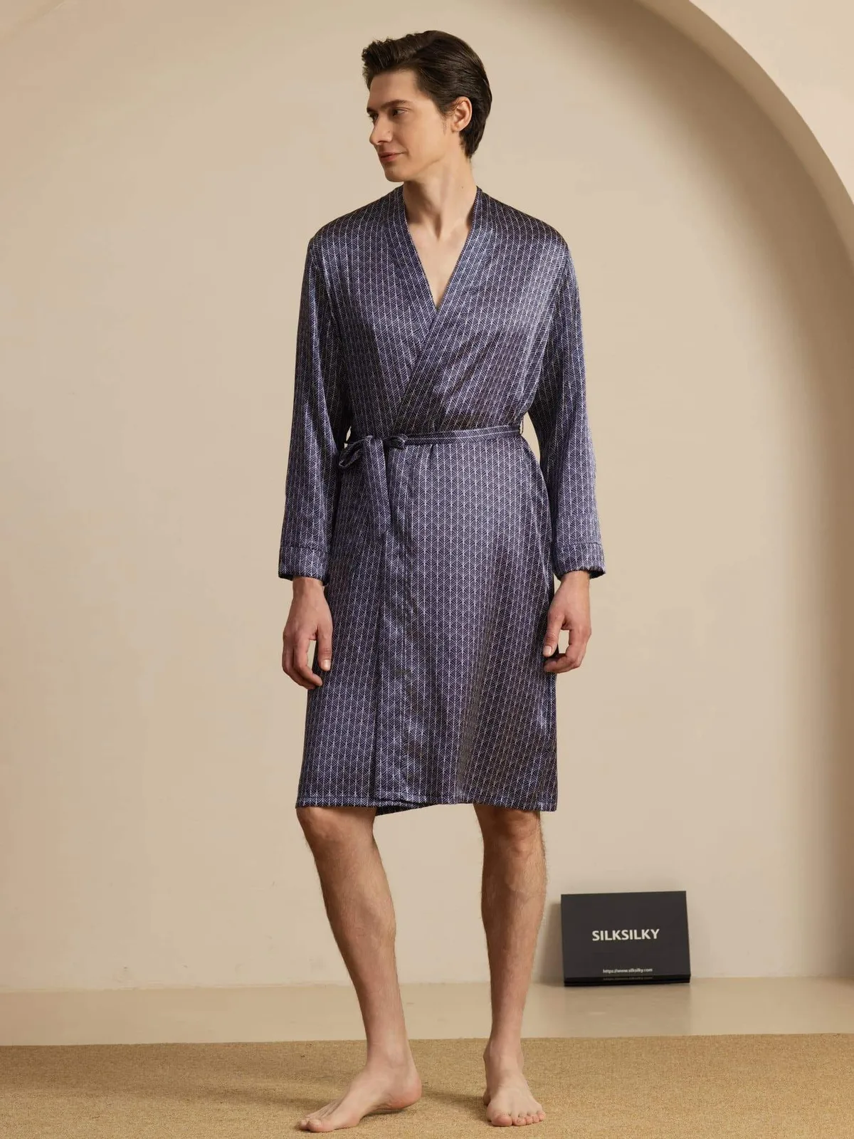 100% Mulberry Silk Men’s Knee Length Ginkgo Printed Robe With Belted Design — image 3