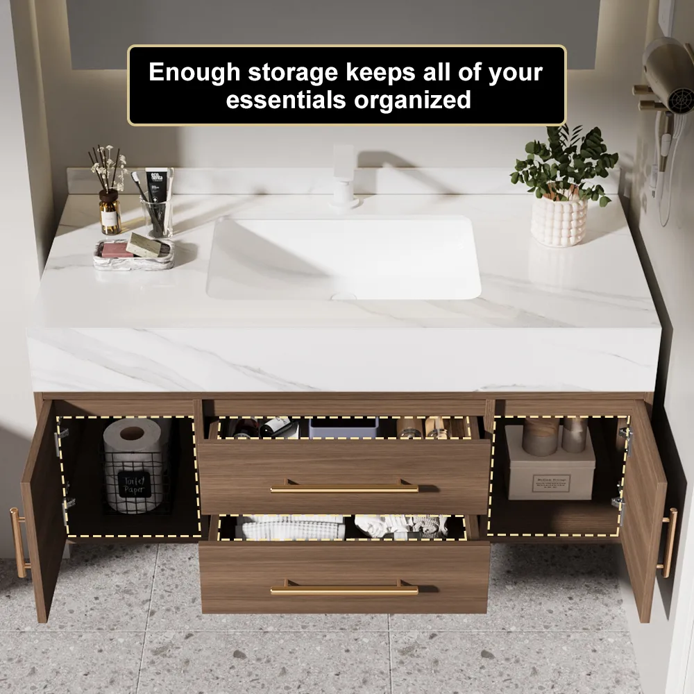 59" Double Sink Bathroom Vanity with Gold Handles – Walnut Modern Floating Vanity — image 5