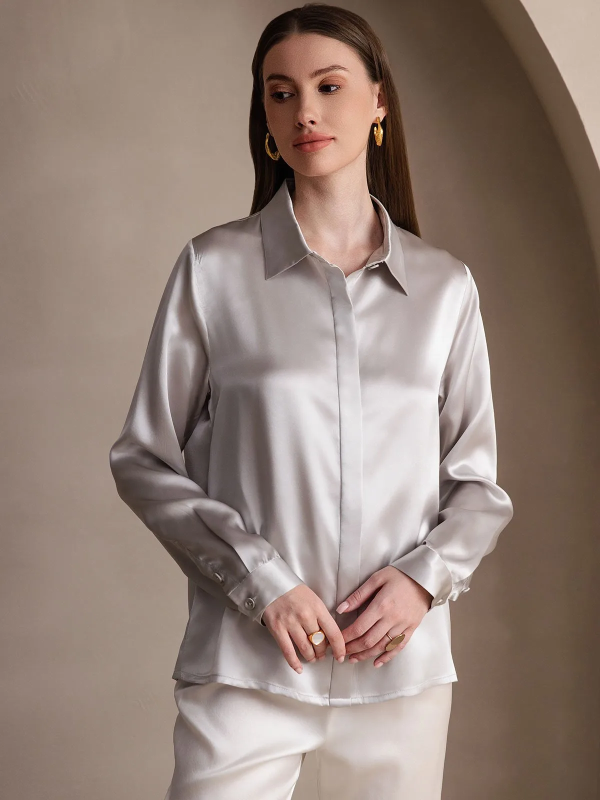19Momme Silk Long Sleeve Lapel Collar Women's Shirt — image 10