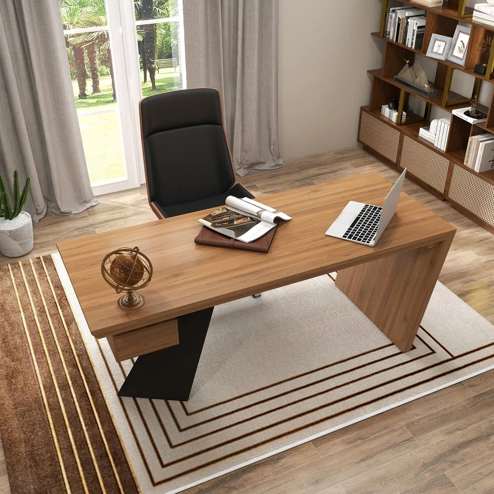 Set Industrial Distressed Wood Writing Desk Black Faux Leather Office Chair (70.9") — image 7