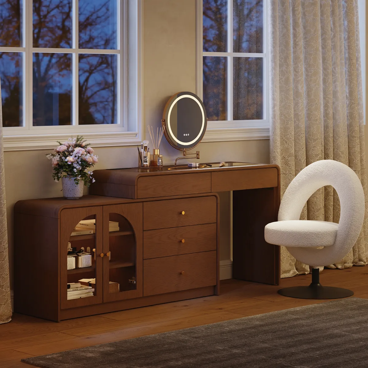 Mid Century Modern Extendable L-Shaped Makeup Vanity Dresser with LED Mirror(49"–91") — image 7
