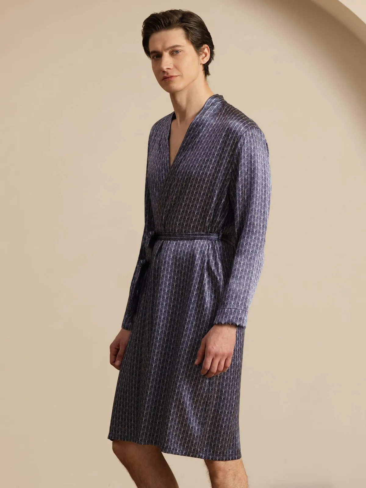 100% Mulberry Silk Men’s Knee Length Ginkgo Printed Robe With Belted Design — image 5