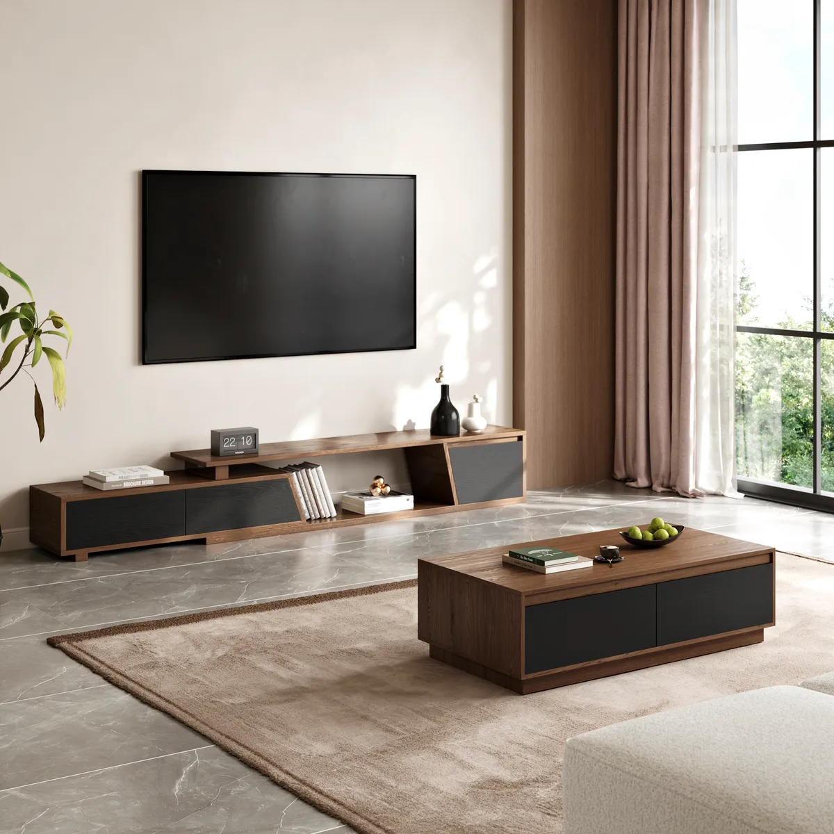 47" Mid Century Modern Gray Coffee Table Rectangular Block Living Room Table with Storage — image 5