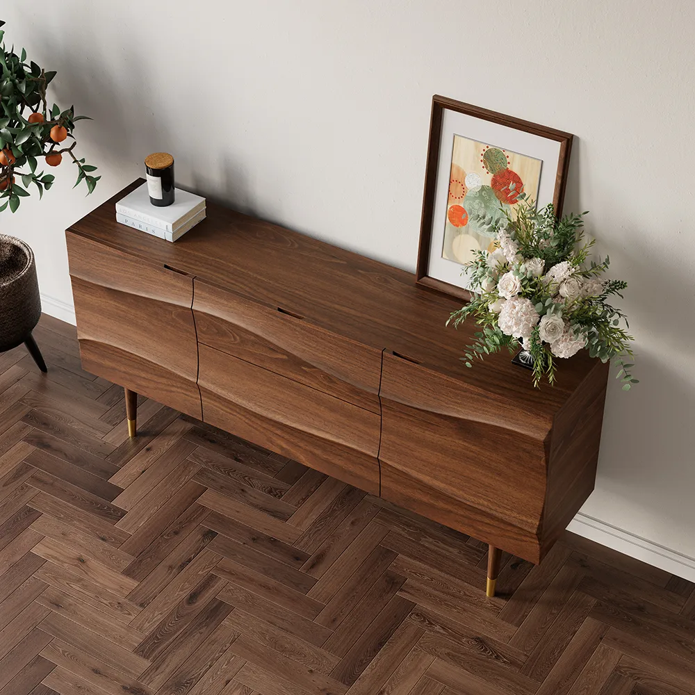 Lake 71" Walnut Sideboard Credenza with Storage Buffet Kitchen Cabinet Wavy Mid-Century — image 4