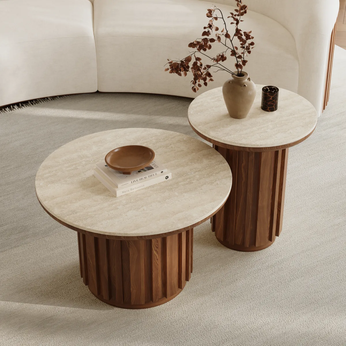 Aura Ash Wood Slatted Round Coffee Table with Sintered Stone Top — image 3