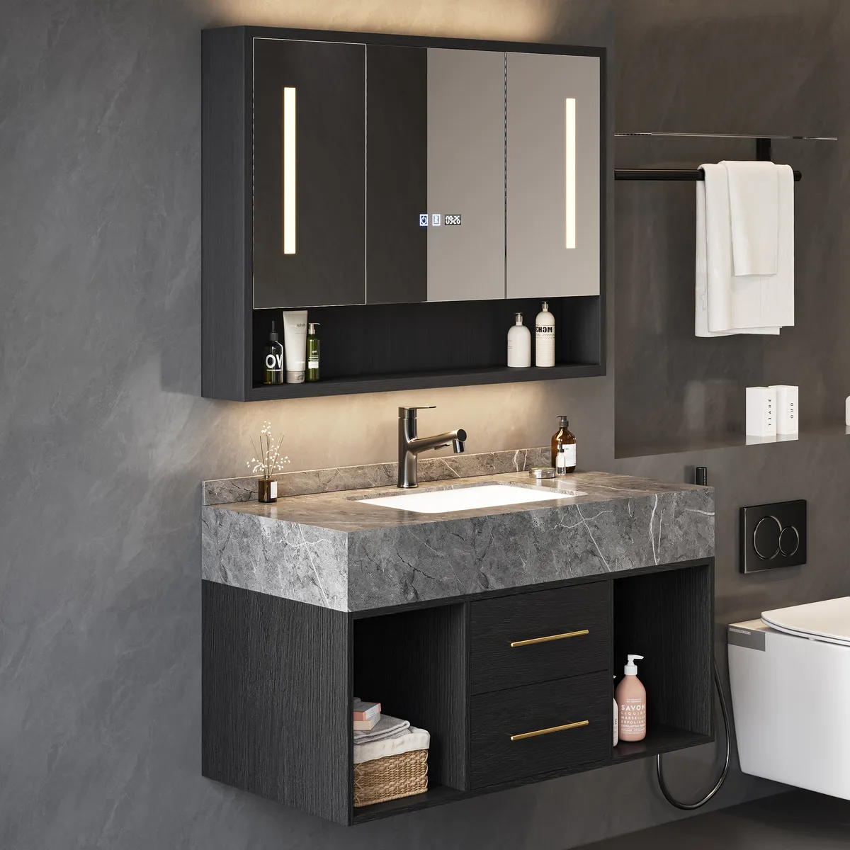 39" Black LED Medicine Cabinet with Adjustable Lighting, Demister & Digital Clock — image 9