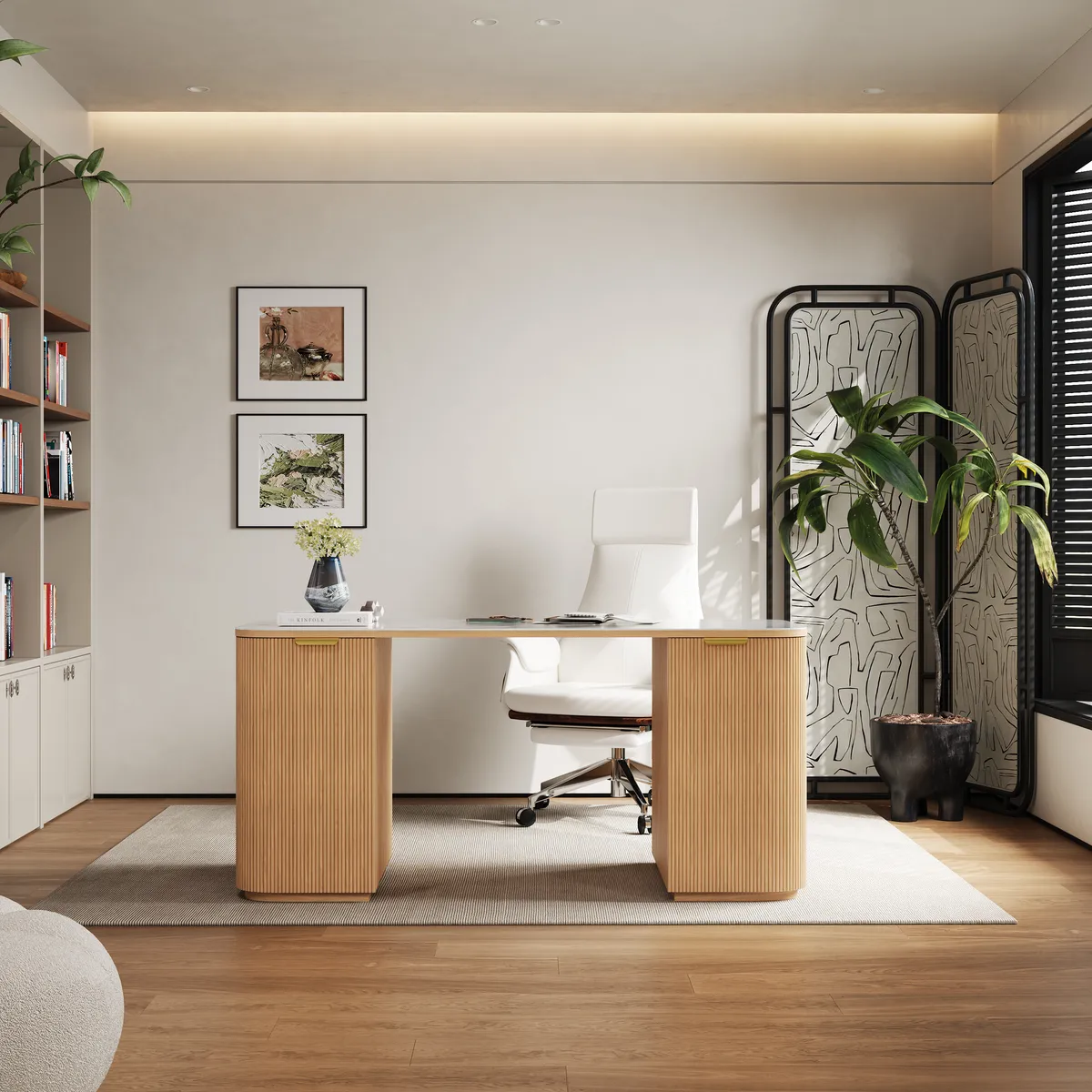 Walnut Ash Wood & Sintered Stone Rectangle Desk with 6 Drawers (63.8") — image 4