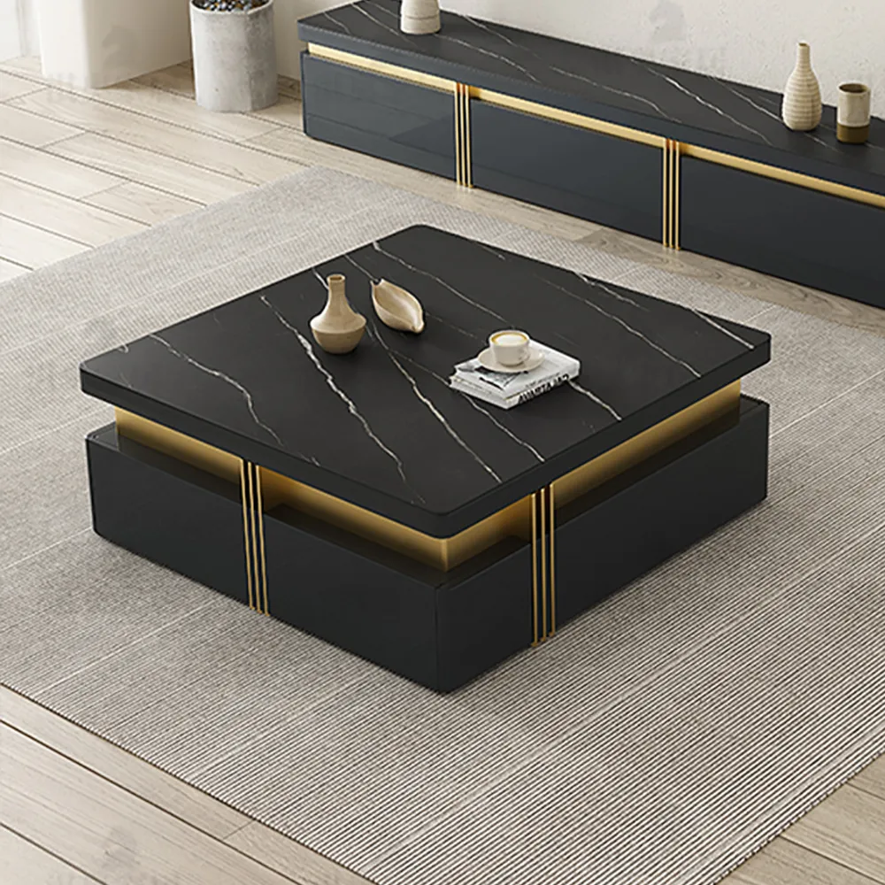Trimied 43" Modern Black Square Storage Coffee Table Stone Top & 4 Wood Drawers — image 3