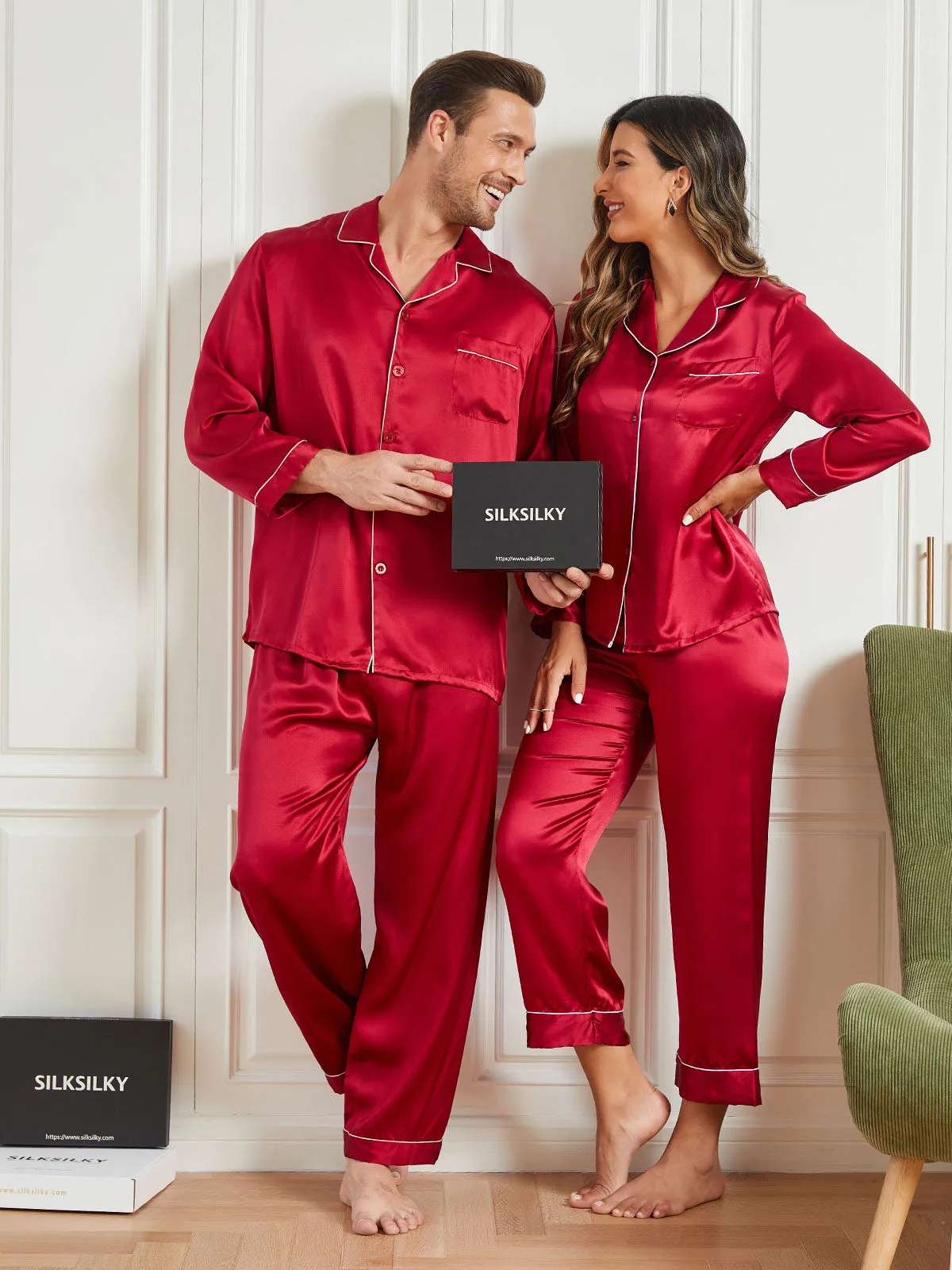 Couple 100% Mulberry Silk Long Pajamas Matching Set Total