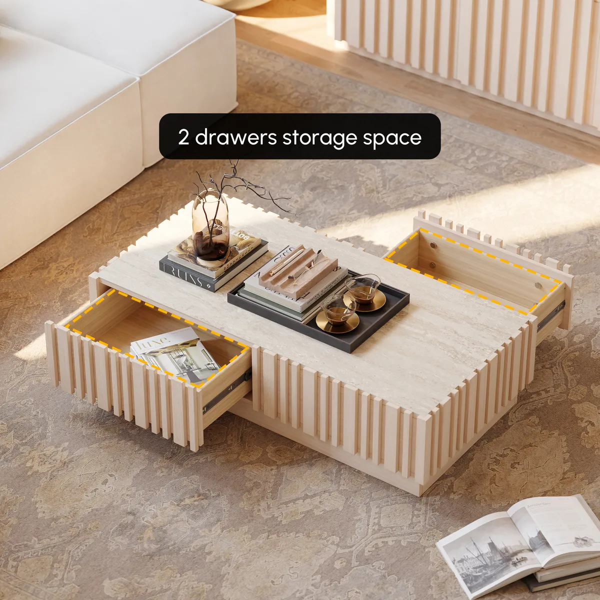 Aura 47" Ash Wood Slatted Coffee Table with Sintered Stone Top — image 7