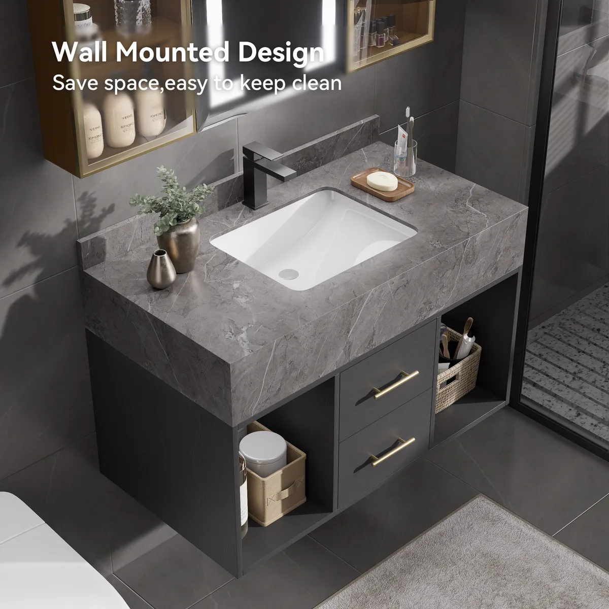 35.4" Floating Bathroom Vanity with Cultured Marble Vessel Sink with 2 Drawers — image 6