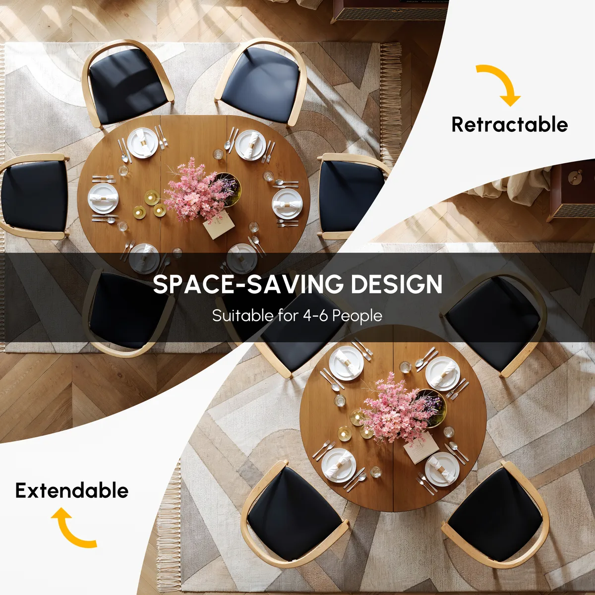 Japandi 39"-55" Extendable Dining Table for 6 White Oval&Round Table Pedestal — image 27