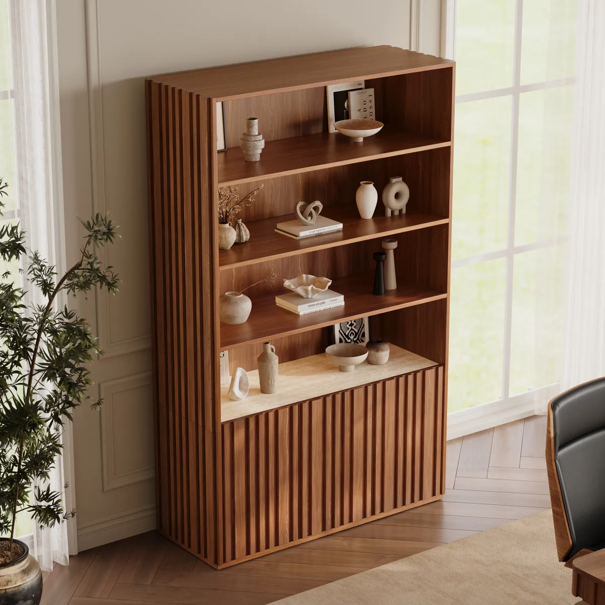 Aura 47” Ash Wood Fluted Walnut Bookcase With Sintered Stone Top — image 3