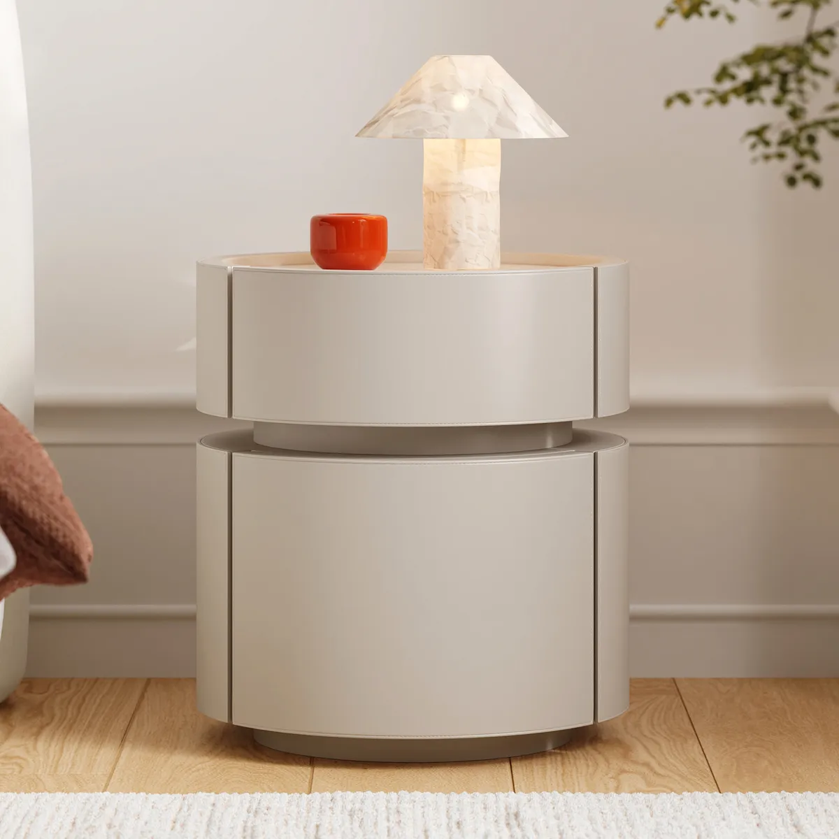 Round Saddle Leather Nightstand with Wireless Charging Bedside Table — image 7