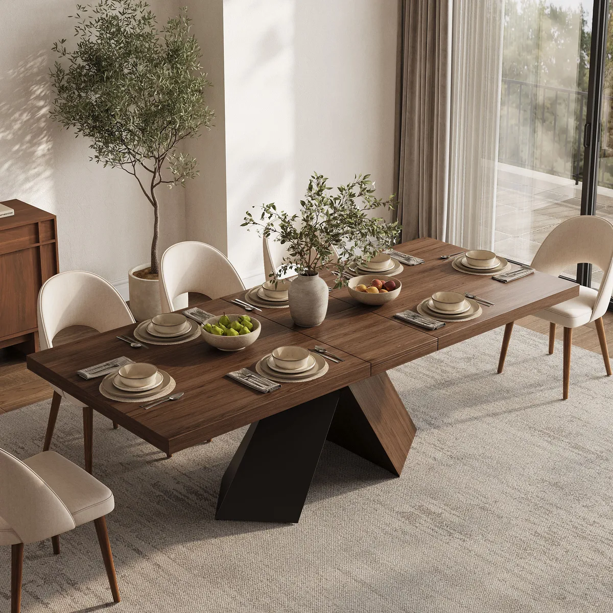 63"-79" Extendable Walnut Dining Table Modern Farmhouse Rectangle 4-6 Seater Pedestal — image 21