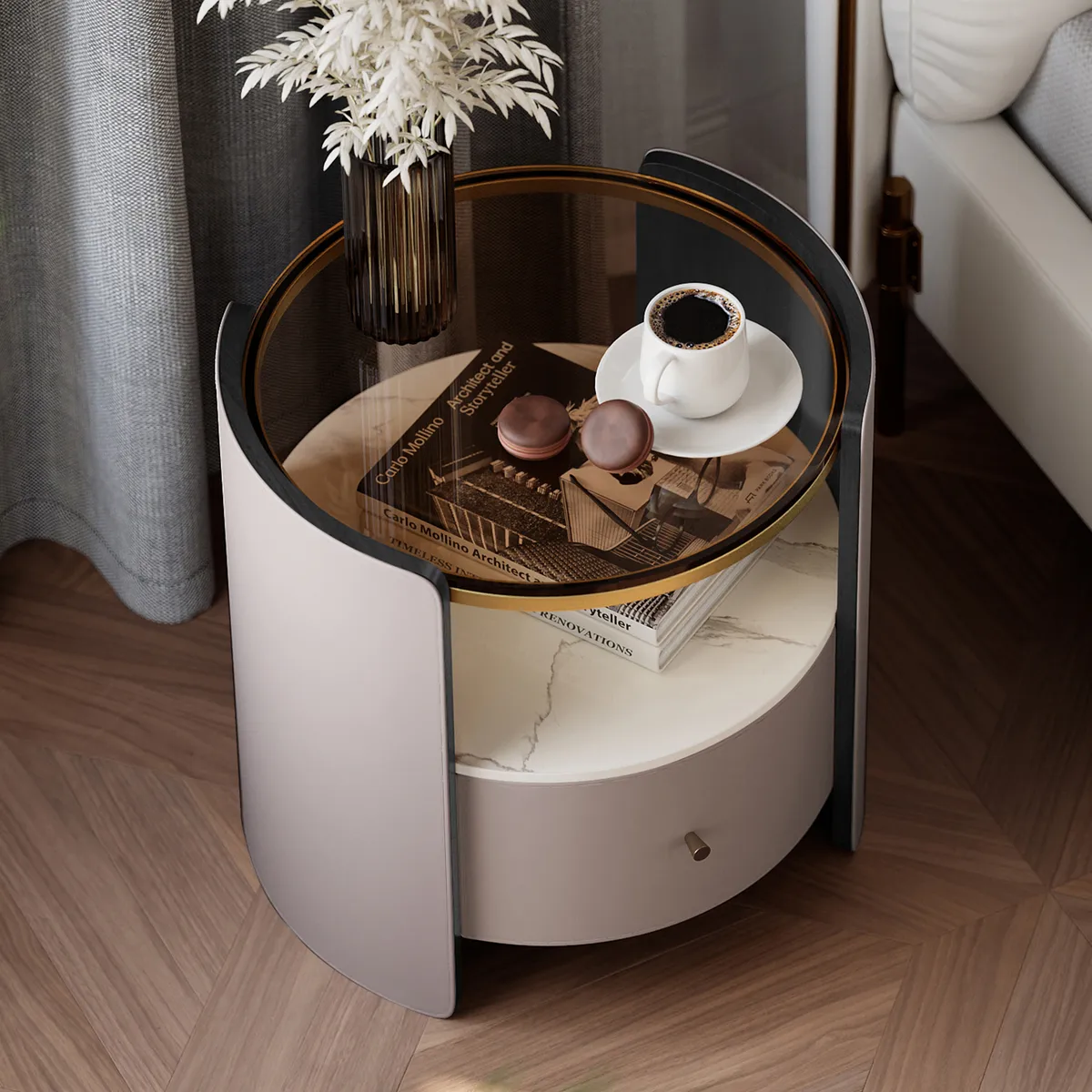 Modern Round Gray Leather Nightstand with Glass Top & Sintered Stone Bedside — image 4