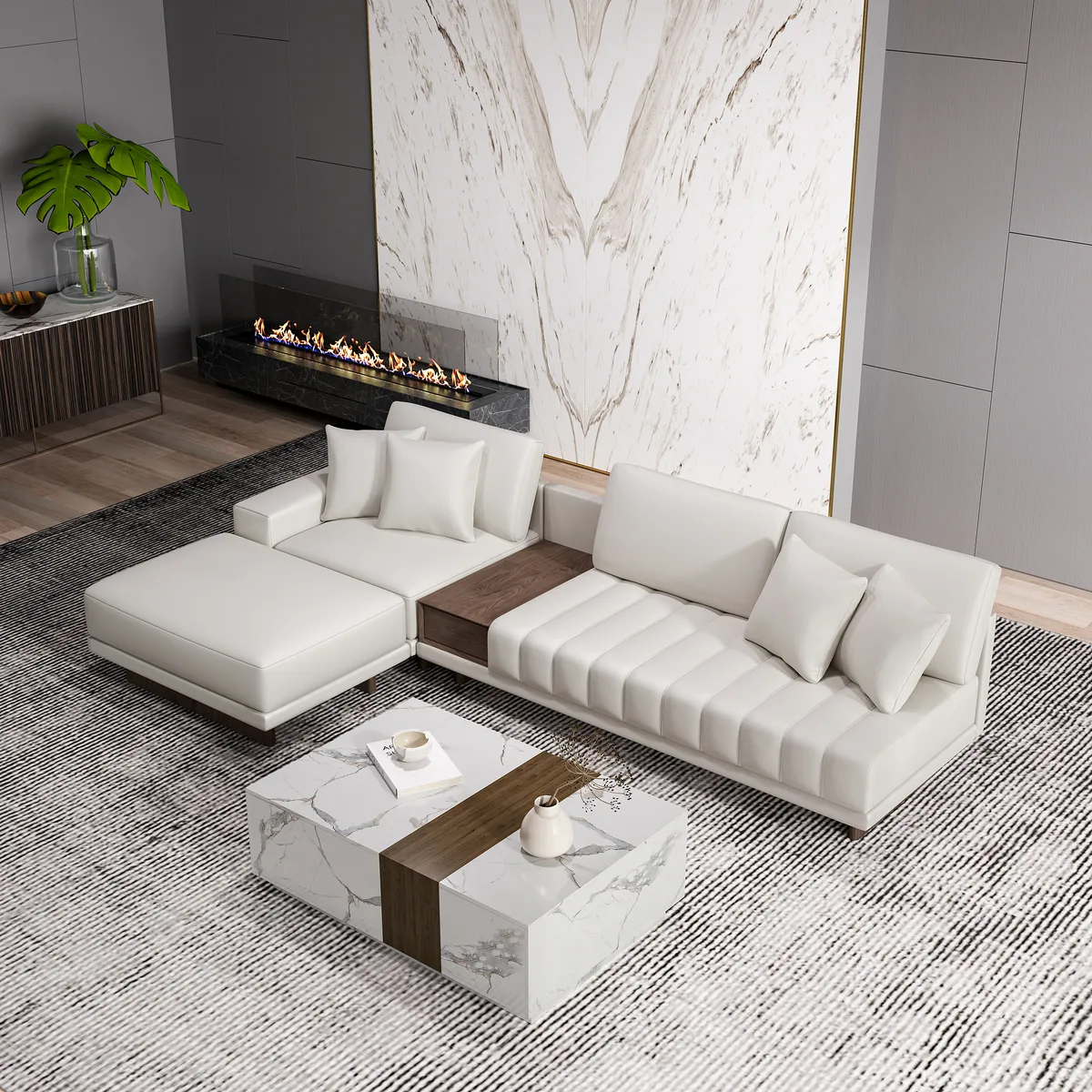 Modern Living Room Couch Set Fabric L-Shaped White Modular Sectional Sofa & Wood Block Coffee Table — image 26
