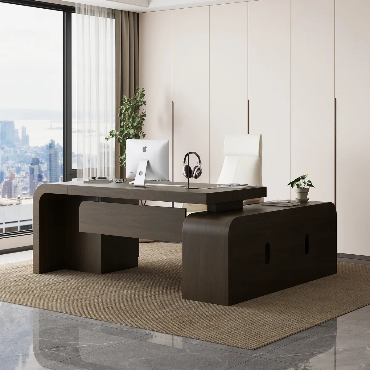 Chicent 71'' L-shaped Smoked Brown Computer Desk with Cabinet Left Hand — image 2