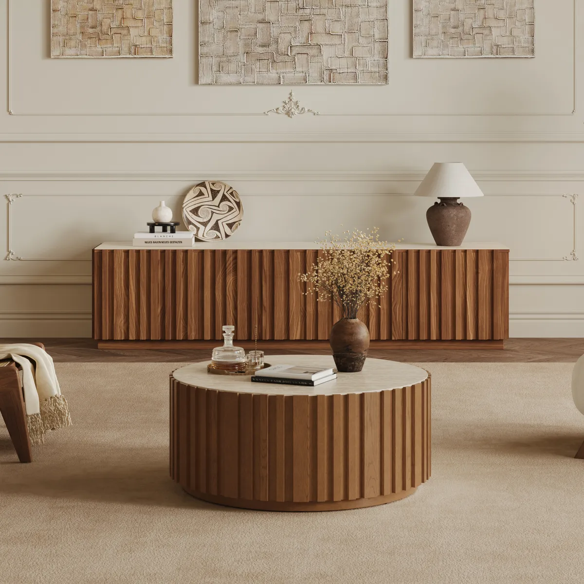 Aura 35" Ash Wood Slatted Round Coffee Table with Sintered Stone Top — image 15