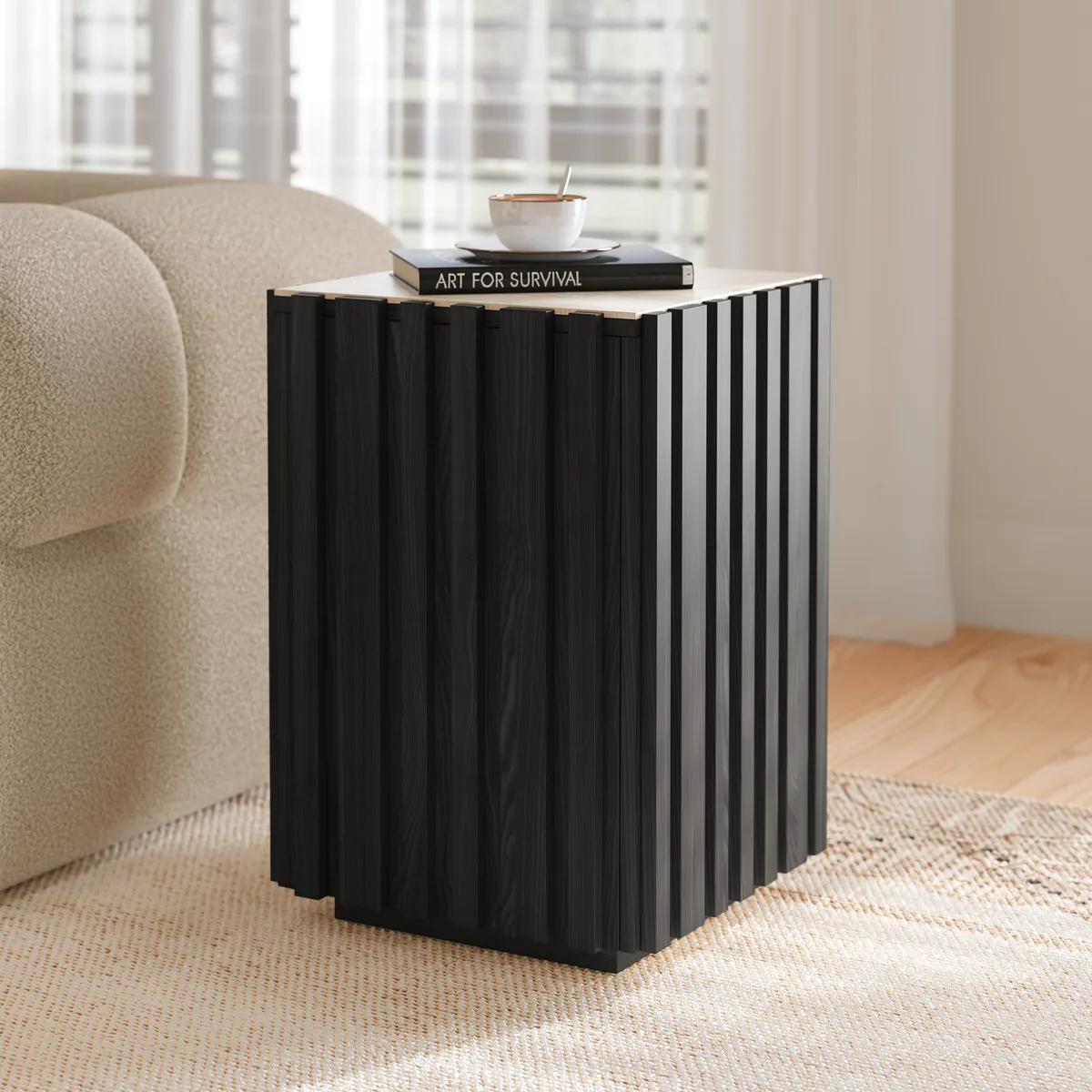 Aura Ash Wood Fluted Side Table with Sintered Stone Top