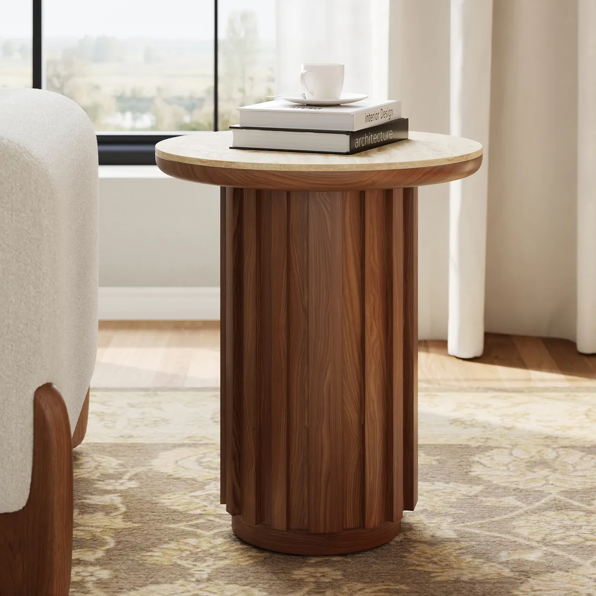 Aura Ash Wood Fluted Round Side Table with Sintered Stone Top — image 3