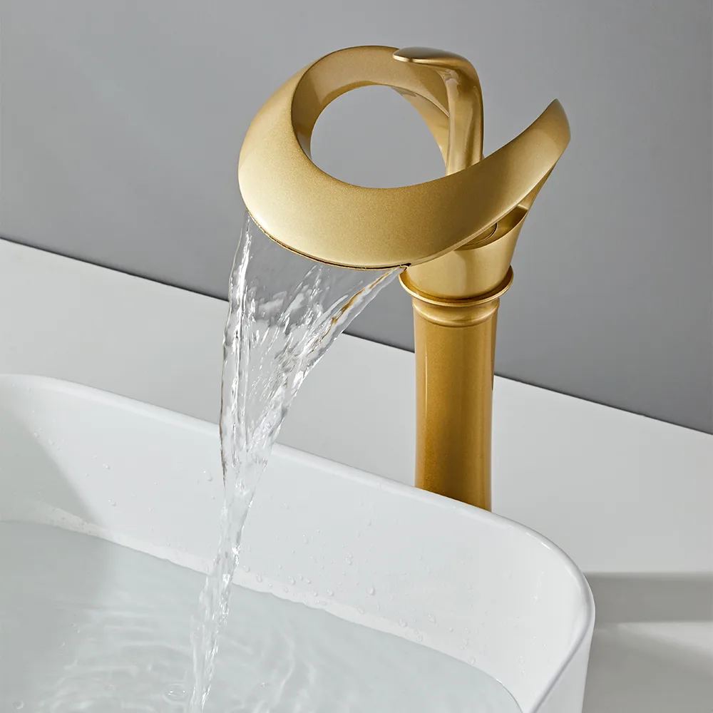Modern Gold Waterfall Bathroom Vessel Sink Faucet Single Handle Solid — image 5