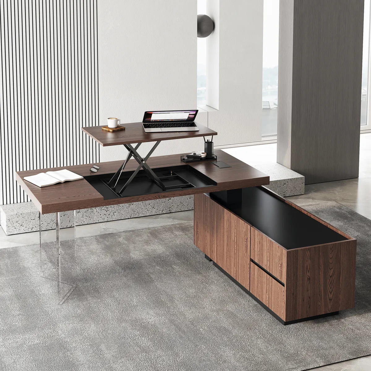 Modern 72" L-Shape Whitewash Standing Executive Desk with lifter Desktop Left Hand — image 21