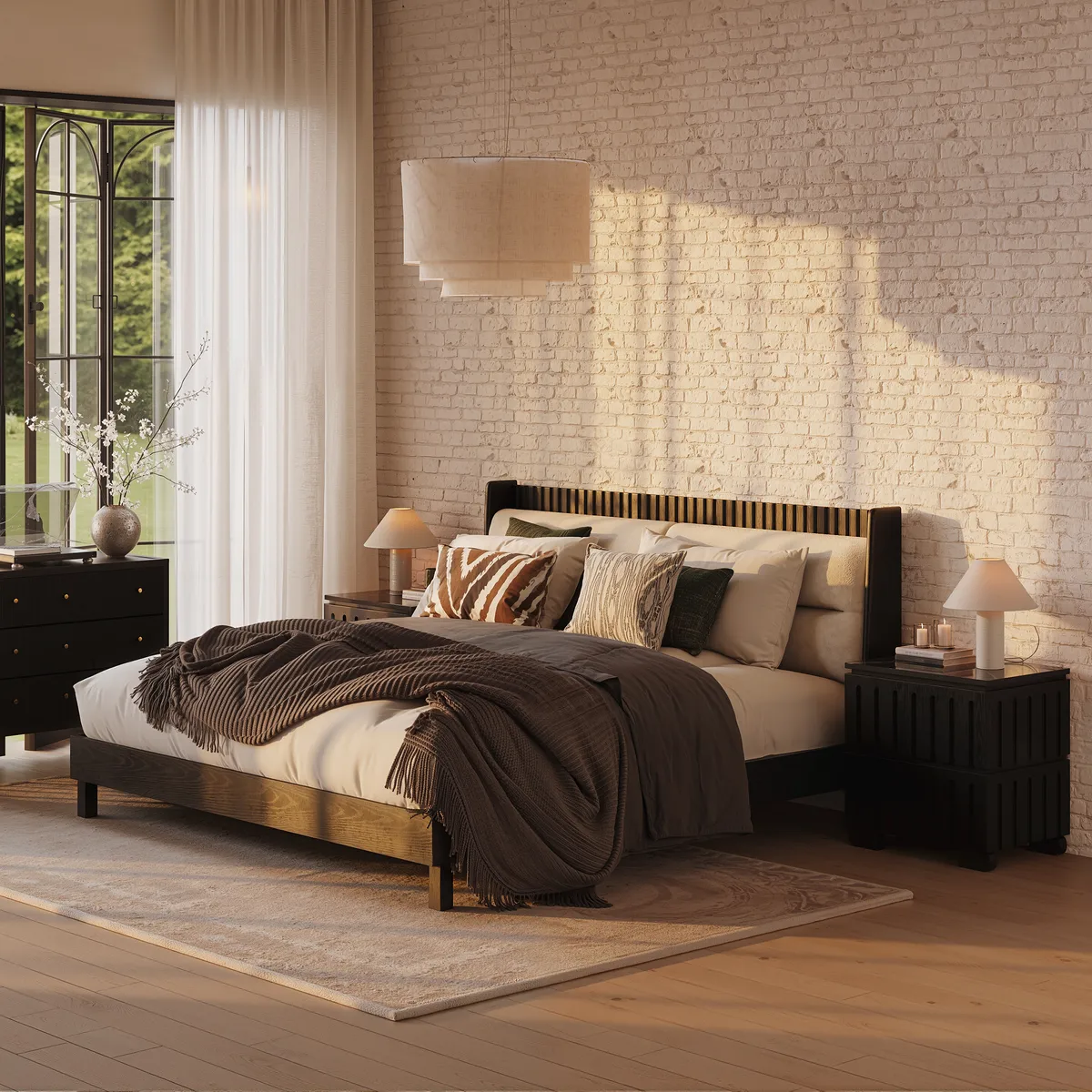 Modern Black Queen Size Solid Wood Bed with Boucle Headboard Pillows — image 5