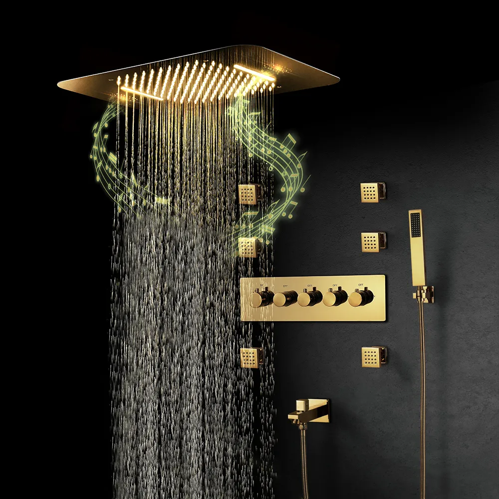 Wall-Mounted Shower System in Gold Thermostatic 4 Functions